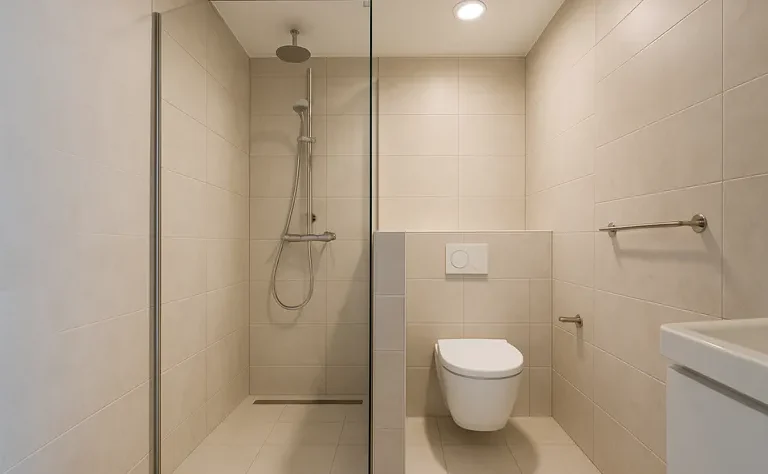 Slimme badkamerindeling waarin douche en toilet harmonieus samenkomen met behoud van privacy en hygiëne