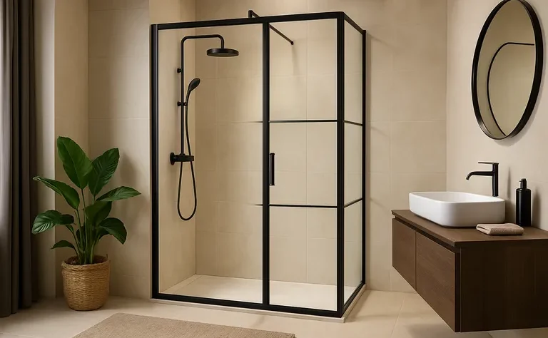 Geef je badkamer tijdloze hotelchic met een zwarte douchewand met deur